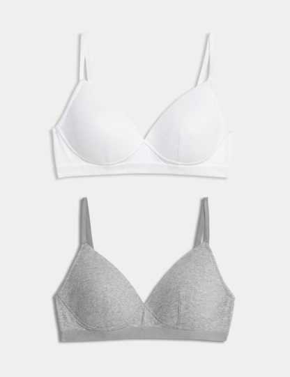 M&S Collection Women's 2 Pack Non Wired Cotton Rich Ribbed First Bras AA-D - 32C - White Mix, Oatmeal Mix,White Mix