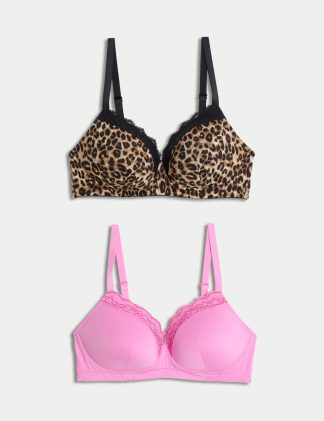 M&S Collection Women's 2 Pack Non Wired T-Shirt Post Surgery Bras (A-E) - 32A - Brown Mix, Brown Mix