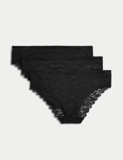 M&S Collection Women's 3pk Flexifit™ Lace Brazilian Knickers - 10 - Black, Rose Quartz,Pink,Black,White