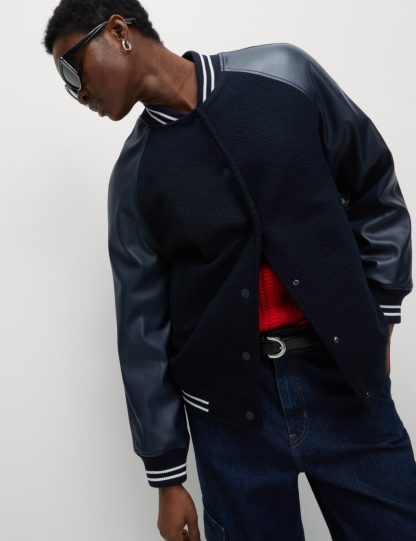 M&S Collection Women's Faux Leather Relaxed College Bomber Jacket - 14 - Midnight Navy, Midnight Navy