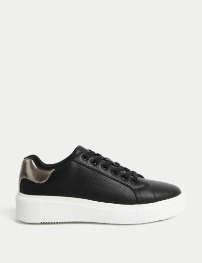 M&S Collection Women's Lace Up Platform Trainers - 5.5 - Black Mix, Black Mix,White,Black/Black