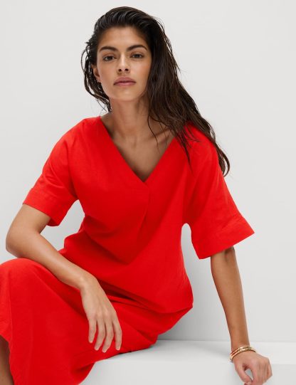 M&S Collection Women's Linen Rich V-Neck Popover Midi Dress - 20REG - Tomato, Marmalade,Tomato