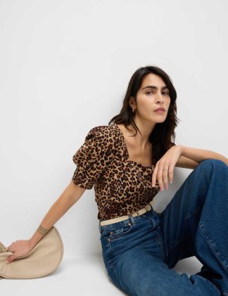 M&S Collection Women's Pure Cotton Animal Print Slim Fit Top - 20REG - Brown Mix, Brown Mix