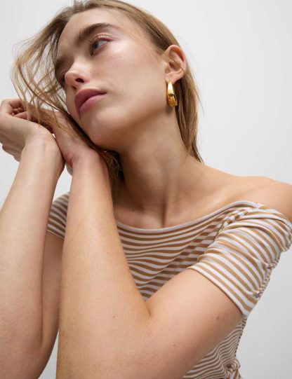 M&S Collection Women's Pure Cotton Striped Off The Shoulder Top - 22 - Brown Mix, White Mix,Brown Mix