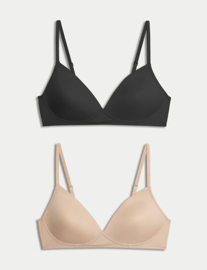 M&S Neutrals Collection Women's 2 Pack Non Wired First Bras AA-D - 32B - Black/Opaline, Black/Opaline,Opaline Mix,White/White