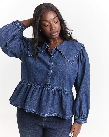 Mid Blue Scalloped Peplum Blouse