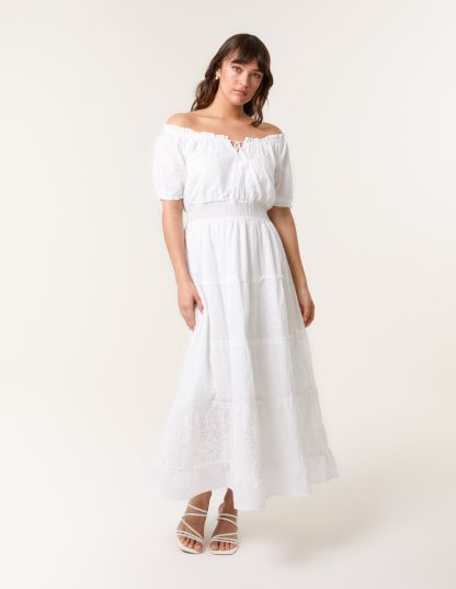 Milkmaid Broderie Tiered Maxi Dress - S / WHITE