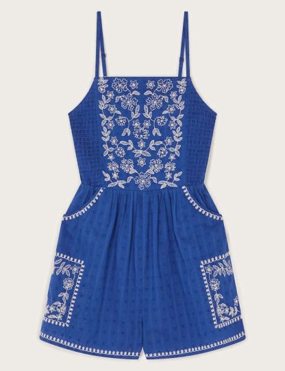 Monsoon Girls Pure Cotton Embroidered Playsuit (7-15 Yrs) - 7-8 Y - Blue Mix, Blue Mix
