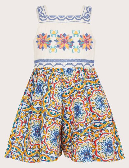 Monsoon Girls Pure Cotton Printed Playsuit (3-15 Yrs) - 9y - Blue Mix, Blue Mix