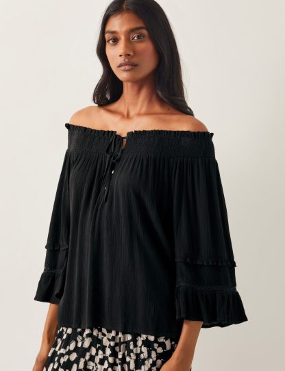 Monsoon Women's Smocked Off The Shoulder Top - XL - Black, Black