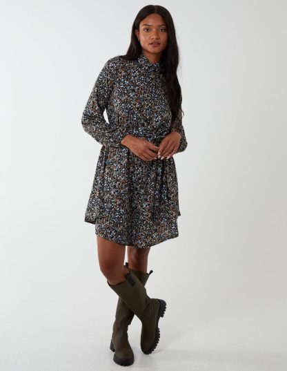 Multi Floral Print Mini Shirt Dress - 10 / BLACK
