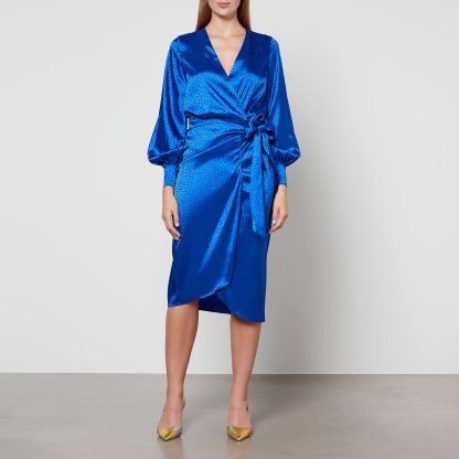 Never Fully Dressed Blue Jacquard Wrap Satin Midi Dress - S