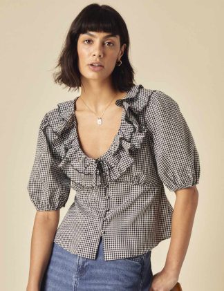 Nobody's Child Women's Pure Cotton Gingham V-Neck Ruffle Puff Sleeve Blouse - 12 - Black, Black