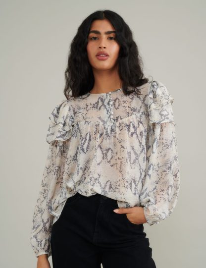 Nobody's Child Women's Snake Print Ruffle Top - 20 - White Mix, White Mix