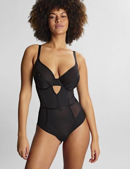 Panache Women's Tango Wired Plunge Bodysuit D-HH - 38DD - Black, Black