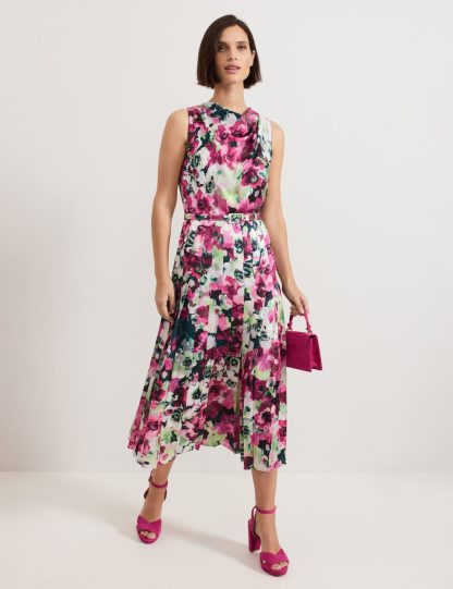 Phase Eight Women's Floral Cowl Neck Pleated Midi Skater Dress - 12 - Pink Mix, Pink Mix