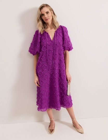 Phase Eight Women's Textured Tie Neck Midi Smock Dress - 12 - Purple, Purple