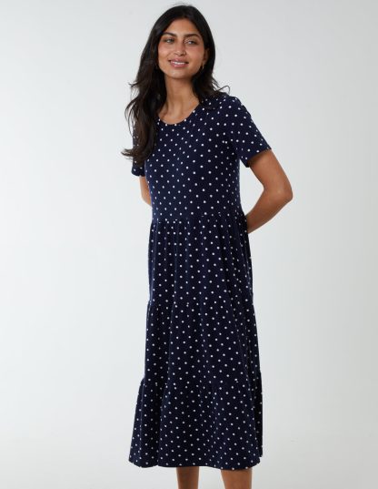 Polka Dot Tiered Smock Dress - M / NAVY