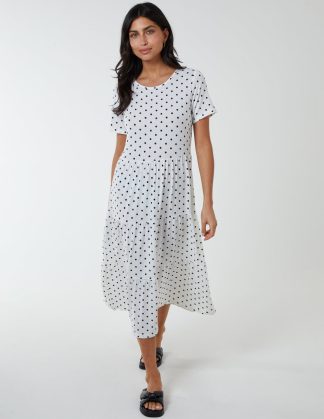 Polka Dot Tiered Smock Dress - M / WHITE