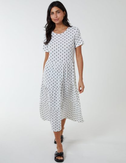 Polka Dot Tiered Smock Dress - M / WHITE