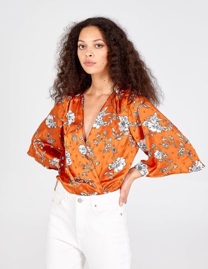 Polka Kimono Sleeve Wrap Rust Bodysuit - 12 / Rust