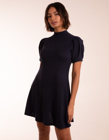 Puff Sleeve Smock Dress - S / NAVY
