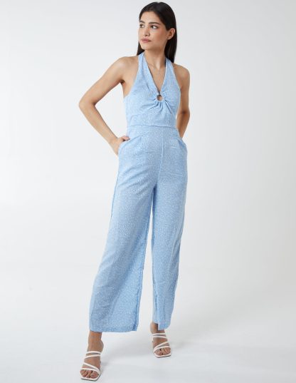 Ring Detail Halter Neck Culotte Jumpsuit - 12 / BLUE