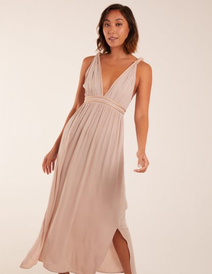 Rope Detail Plunge V-Neck Split Hem Maxi Dress - 10 / STONE