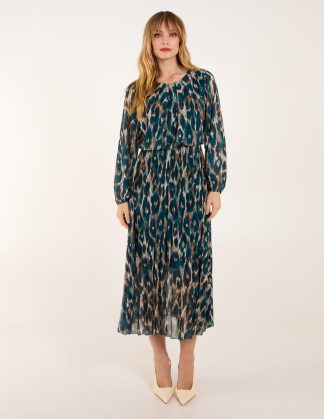 Round Neck Pleated Abstract Leopard Dress - S/M / Teal