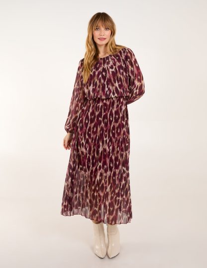 Round Neck Pleated Abstract Leopard Dress - S/M / WINE