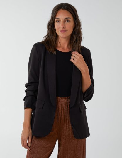 Ruched Sleeve Blazer - ONE / BLACK