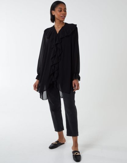 Ruffle Collar & Sleeve Blouse - S-M / BLACK