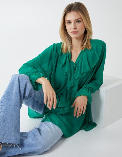 Ruffle Collar & Sleeve Blouse - S-M / GREEN