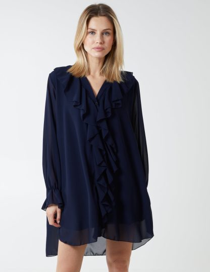 Ruffle Collar & Sleeve Blouse - S/M / NAVY