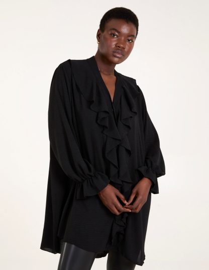 Ruffle Collar & Sleeve Tunic - ONE / BLACK
