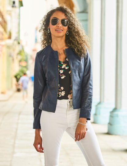 Sosandar Women's Collarless Leather Jacket - 18 - Blue, Blue