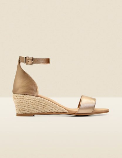 Sosandar Women's Leather Ankle Strap Wedge Espadrilles - 3 - Gold, Gold