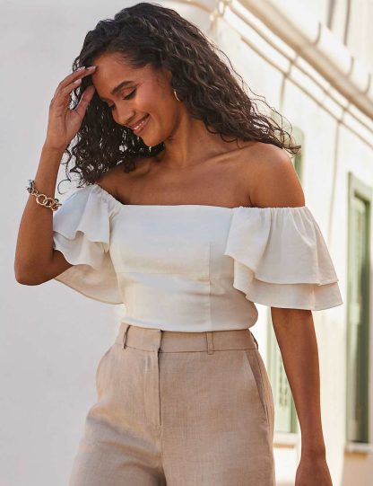 Sosandar Women's Linen Blend Square Neck Ruffle Sleeve Bardot Top - 20 - Ivory, Ivory
