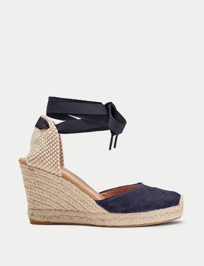 Sosandar Women's Suede Ankle Strap Wedge Espadrilles - 4 - Navy, Navy