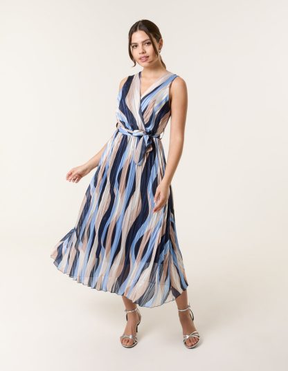 Squiggle Print Sleeveless Wrap Pleat Dress - M/L / NAVY