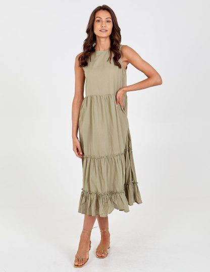 Tiered Crinkle Smock Dress - 10 / KHAKI