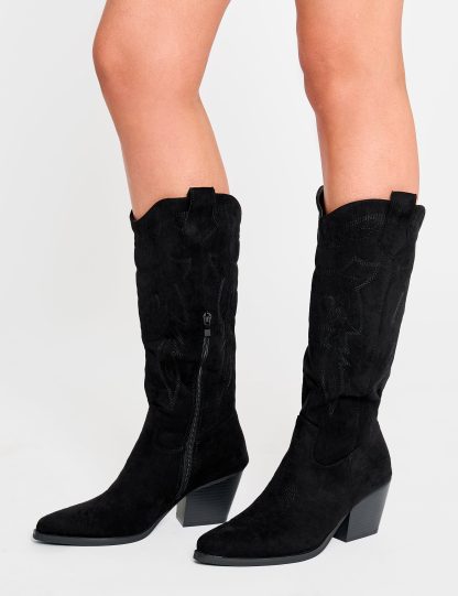 Uptown Girl Black Suedette Western Cowboy Knee High Boots