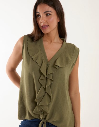 V Neck Ruffle Top with Knot - S/M / KHAKI