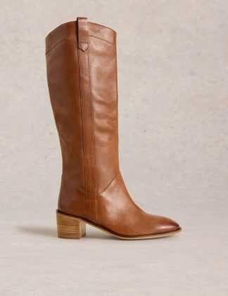 White Stuff Women's Leather Block Heel Western Knee High Boots - 3 - Tan, Tan