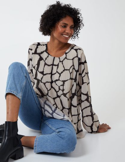 Abstract Print Pleated Top - ONE / STONE