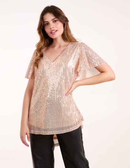 Angel Sleeve V Neck Sequin Top - S / GOLD
