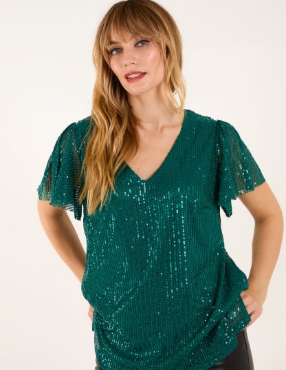 Angel Sleeve V Neck Sequin Top - S / Teal