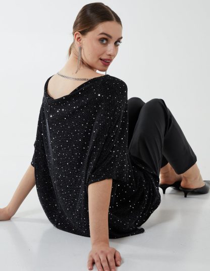 Back Chain Cowl Neck Oversized Top - M-L / BLACK/SILVER