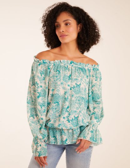 Butterfly Floral Print Gypsy Chiffon Blouse - M/L / Mint