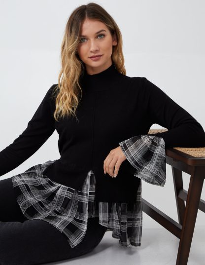 Check Chiffon Hem 2in1 Jumper - S / BLACK